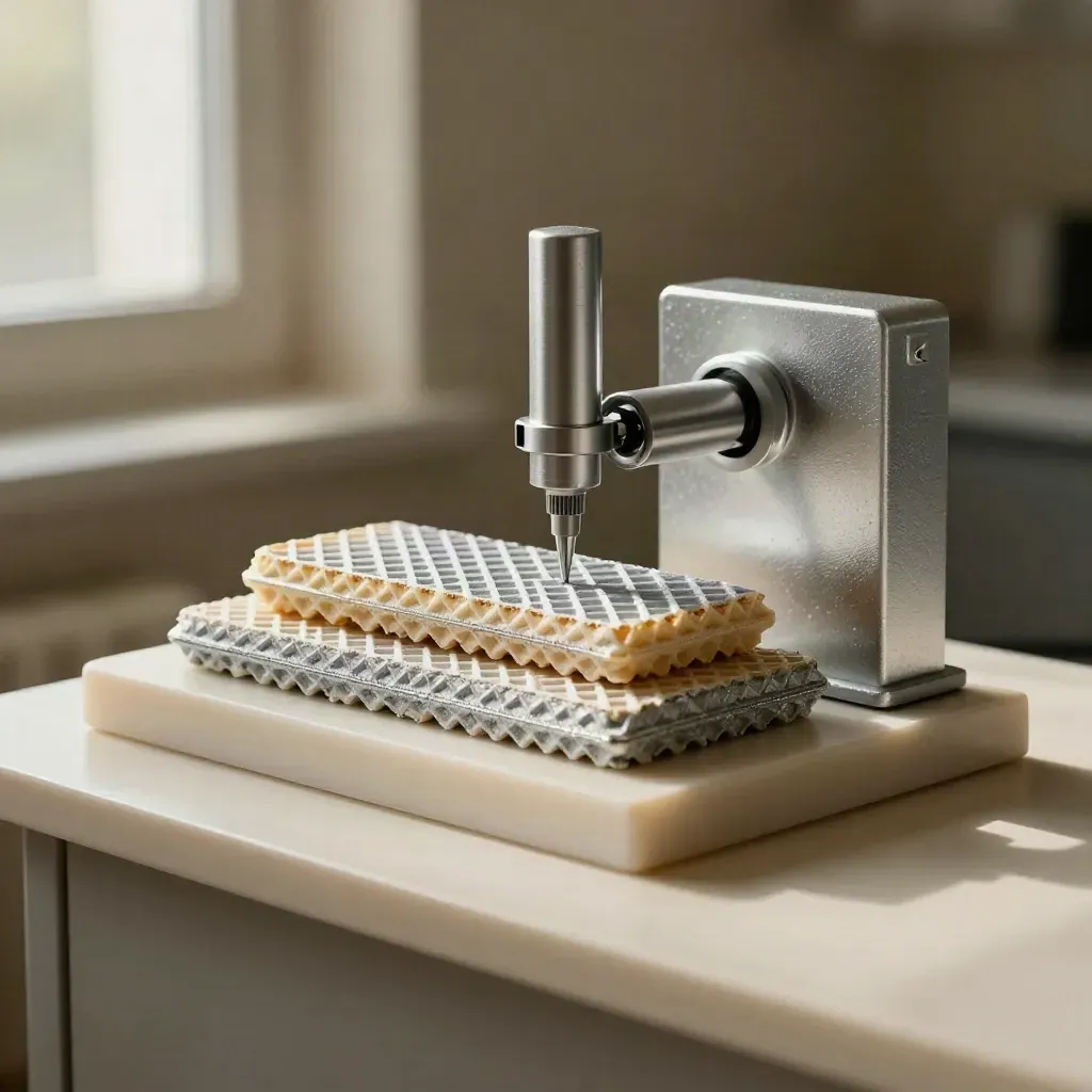 Wafer-Kassettensystem, Probenhalter und Metallblock auf hellem Laborsockel im Seitenlicht